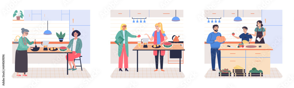 People cooking vegetarian food. Vector illustration. Family cooking at home. Vegetarian food. Parents, grandparents preparing food for dinner. Set of smiling man, woman preparing homemade meals People cooking vegetarian food. Vector illustration. Family cooking at home. Vegetarian food. Parents, grandparents preparing food for dinner. Set of smiling man, woman preparing homemade meals