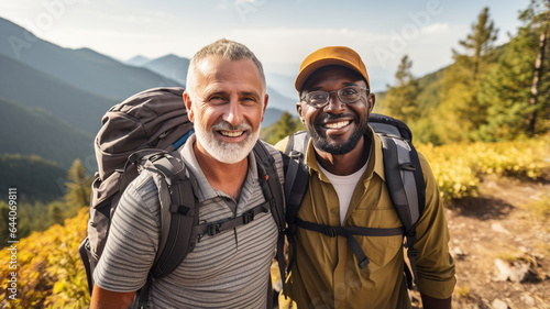 smiling senior men hiking with backpack