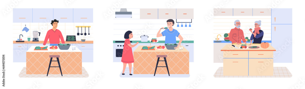 People cooking vegetarian food. Vector illustration. Smiling people cooking on home interior kitchen table. Characters cooking fresh salad and other healthy meals from fresh vegetables People cooking vegetarian food. Vector illustration. Smiling people cooking on home interior kitchen table. Characters cooking fresh salad and other healthy meals from fresh vegetables