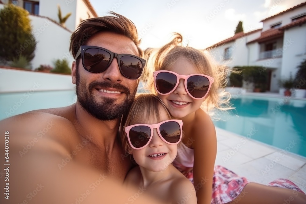 travel, family and selfie by the pool on vacation in summer for freedom, bonding and happiness travel, family and selfie by the pool on vacation in summer for freedom, bonding and happiness