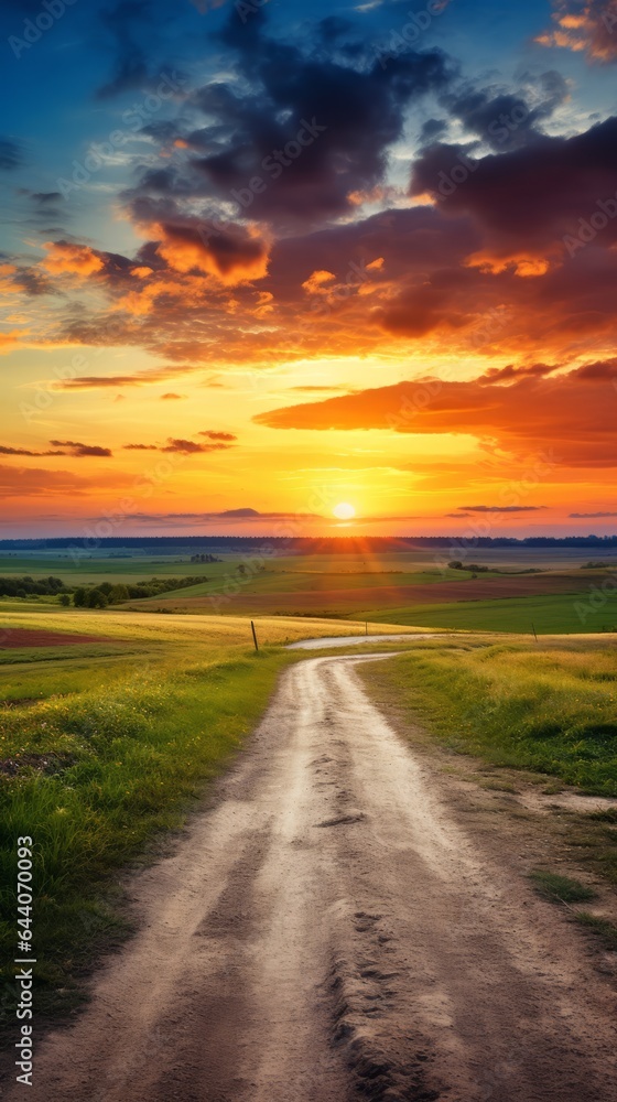 A dirt road with a sunset in the background