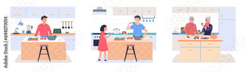 People cooking vegetarian food. Vector illustration. Smiling people cooking on home interior kitchen table. Characters cooking fresh salad and other healthy meals from fresh vegetables