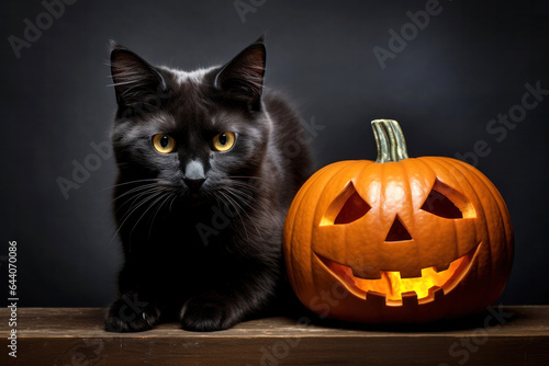 Black Cat and Halloween Pumpkin on Black Background © Nikki AI