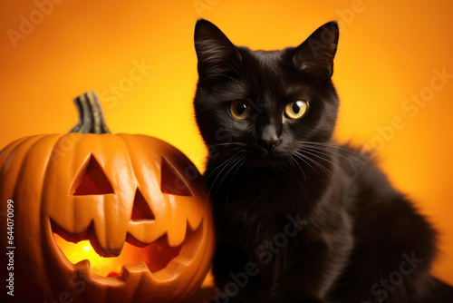 Black Cat and Halloween Pumpkin on Orange Background © Nikki AI