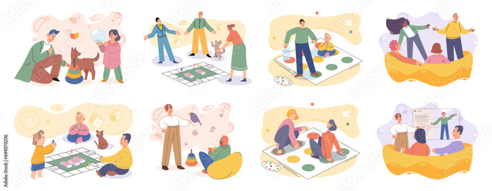 Game together. Family fun. Friendship time. Vector illustration. Engaging in board game with others perfect way to connect and have fun People playing games together foster sense of camaraderie and