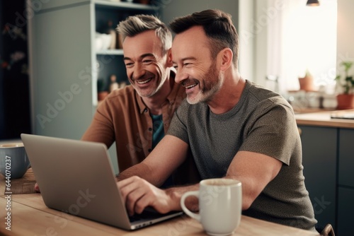 shot of a gay couple drinking coffee and using a laptop together at home