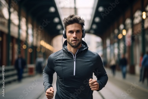 Portrait handsome attractive concentrated confident young athlete runner man male listening music headphones. Motivation focus rhythm sport person sportsman fitness jogging health lifestyle crosswalk