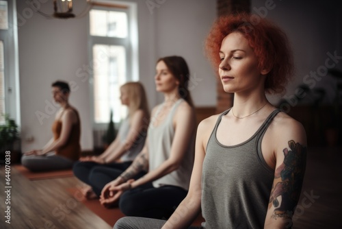 peace, meditation and yoga with people in a yoga studio for wellness