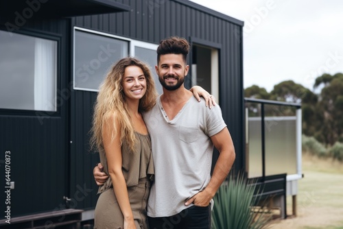 shot of a young couple standing outside their modular home