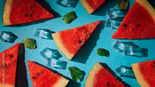 Creative summer composition with watermelon, mint leaves, can of soda and ice cubes. Minimal watermelon drink concept.