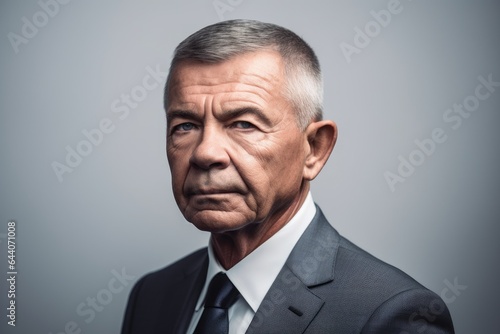 shot of a serious looking mature politician standing against a gray background