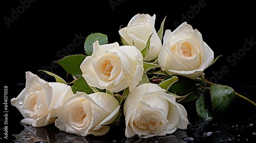 Beautiful white roses with water drops on a dark blue background. Mother s day concept with a space for a text. Valentine day concept with a copy space.