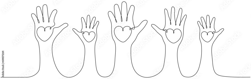 Obraz premium Continuous one line drawing family hands hold hearts. Mother, father and child. Parents and children love concept. Volunteers group. Vector isolated on white.