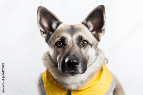 Headshot portrait photography of a cute norwegian elkhound wearing a bee costume against a white background. With generative AI technology