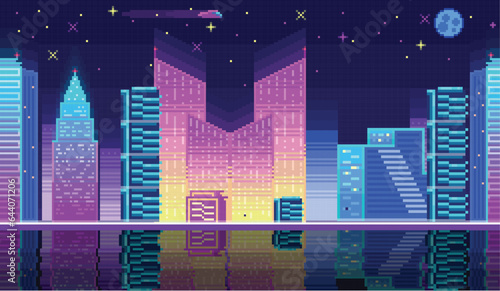 Night city landscape neon pixel background with hight buildings silhouette and stars in dark sky. Pixelated evening cityscape neon for video game design pixel nighttime with modern skyscrapers