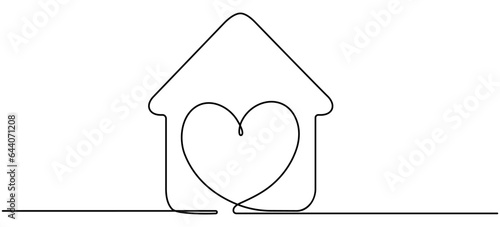 Heart inside house continuous one line drawn. Love home concept. Vector illustration isolated on white.