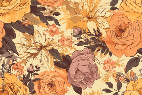 Abstract floral seamless pattern painted with paints lovely peonies with foliage. Superior texture print for surfaces, textiles and design.Vector Art Illustration. 