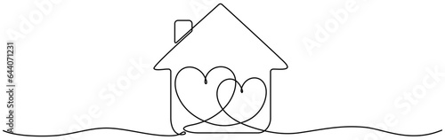 Two heart inside house continuous one line drawn. Love family home concept. Vector illustration isolated on white.