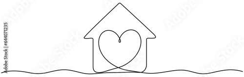 Heart inside house continuous one line drawn. Love home concept. Vector illustration isolated on white.
