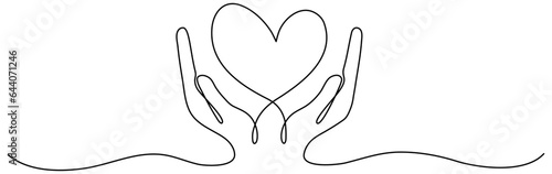 Hands holding heart continuous one line drawing. Charity donation linear symbol. Love support concept. Vector illustration isolated on white.