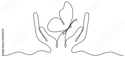 Flying butterfly in hands continuous one line drawn. Vector illustration isolated on white.	