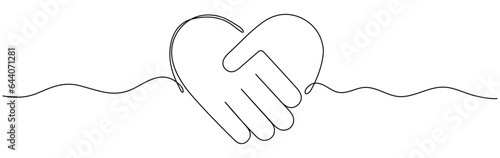 Handshake in heart shape continuous line drawing. Love shaking hands. Business deal linear symbol. Vector illustration isolated on white.