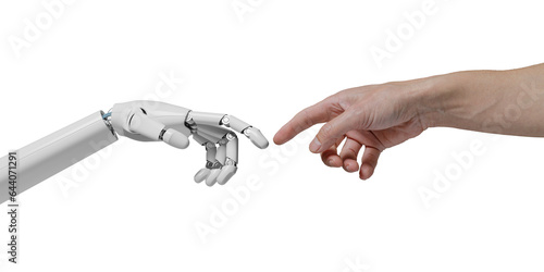 Human hand touching a robotic hand as in the painting "The Creation of Adam" isolated on white background. AI concept. 3d illustration.