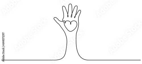 Continuous line drawing hand with heart. Volunteer linear symbol. Raised hand. Vector illustration isolated on white.