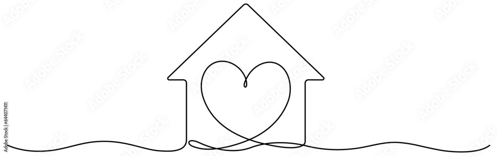 Heart inside house continuous one line drawn. Love home concept. Vector illustration isolated on white. Heart inside house continuous one line drawn. Love home concept. Vector illustration isolated on white.