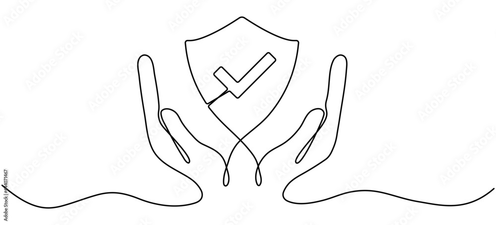 Hands holding shield badge continuous line drawing. Approval check ...