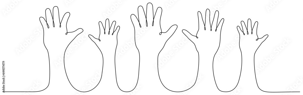 Hands raised up continuous line art drawn. Vector illustration isolated on white. Hands raised up continuous line art drawn. Vector illustration isolated on white.