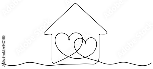 Two heart inside house continuous one line drawn. Love family home concept. Vector illustration isolated on white.