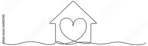 Heart inside house continuous one line drawn. Love home concept. Vector illustration isolated on white.