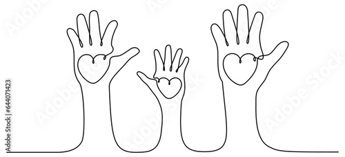 Continuous one line drawing family hands hold hearts. Mother, father and child. Parents and children love concept. Volunteers group. Vector isolated on white.