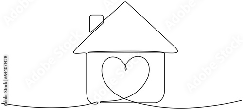 Heart inside house continuous one line drawn. Love home concept. Vector illustration isolated on white.