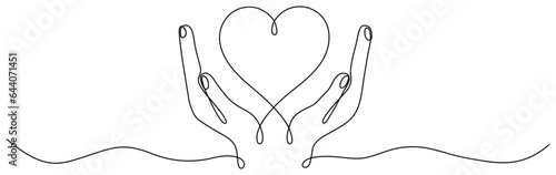 Hands holding heart continuous one line drawing. Charity donation linear symbol. Love support concept. Vector illustration isolated on white.