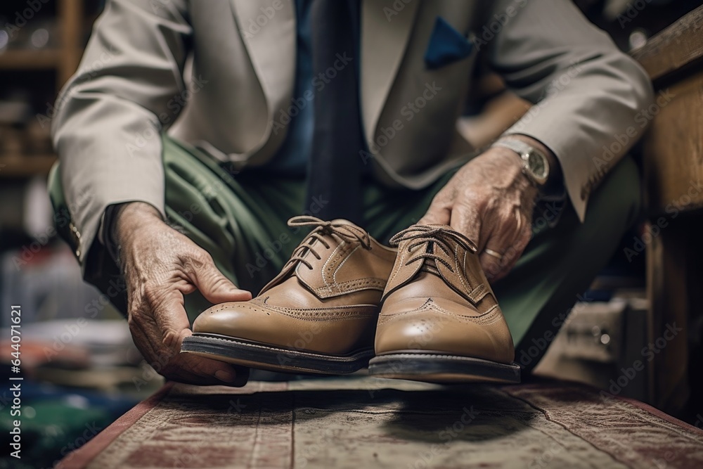 cropped shot of a customer inspecting the shoes he bought at a shoe factory cropped shot of a customer inspecting the shoes he bought at a shoe factory