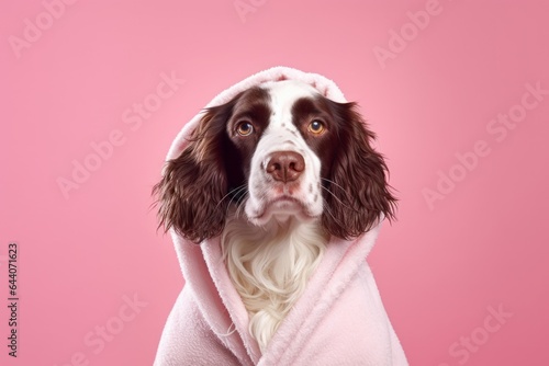 Medium shot portrait photography of a happy english springer spaniel wearing a plush robe against a pastel or soft colors background. With generative AI technology