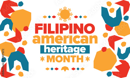 Filipino American History Month. Happy holiday celebrate annual in October. Filipinos and United States flag. Culture month. Patriotic design. Poster, card, banner, template. Vector illustration