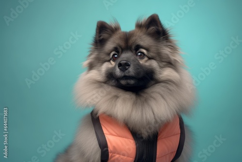 Photography in the style of pensive portraiture of a funny keeshond wearing a cooling vest against a pastel or soft colors background. With generative AI technology