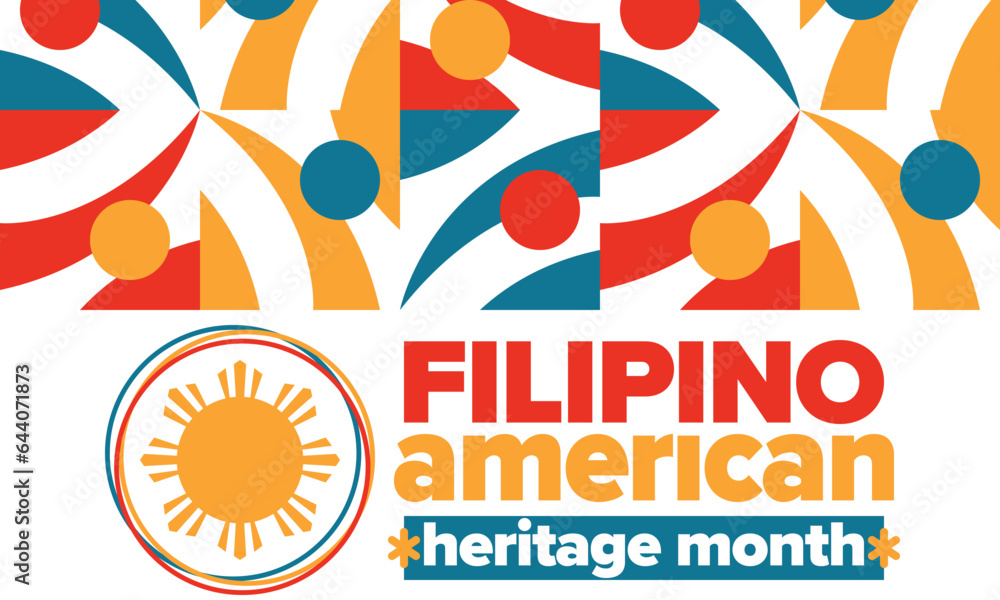 Obraz premium Filipino American History Month. Happy holiday celebrate annual in October. Filipinos and United States flag. Culture month. Patriotic design. Poster, card, banner, template. Vector illustration