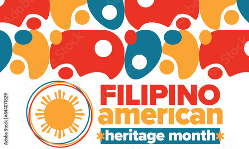 Filipino American History Month. Happy holiday celebrate annual in October. Filipinos and United States flag. Culture month. Patriotic design. Poster, card, banner, template. Vector illustration