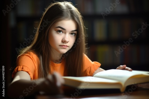 an attractive young female student reading in the classroom