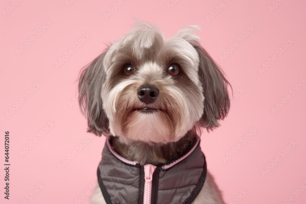 Photography in the style of pensive portraiture of a happy lowchen dog wearing a training vest against a pastel or soft colors background. With generative AI technology
