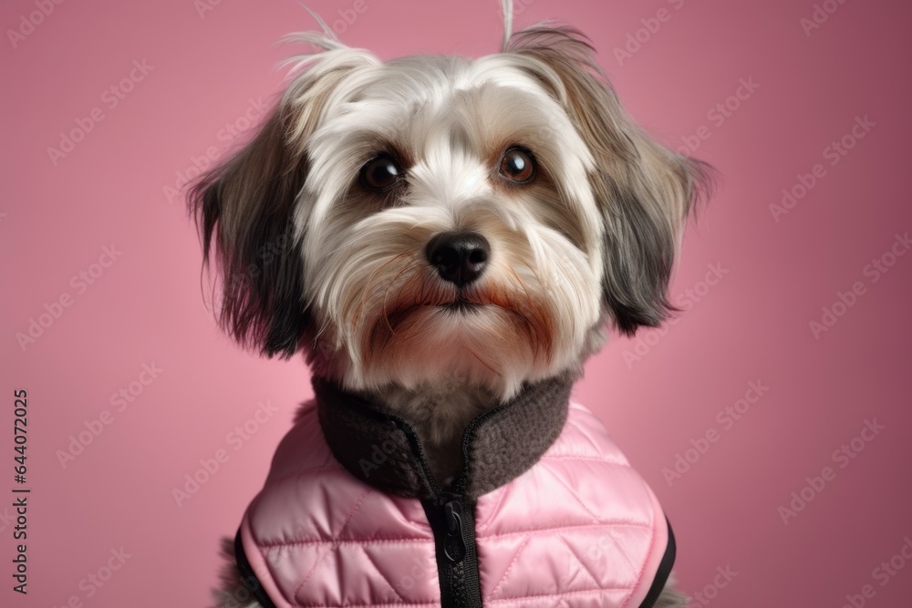 Photography in the style of pensive portraiture of a happy lowchen dog wearing a training vest against a pastel or soft colors background. With generative AI technology