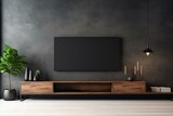 Empty TV on dark wall in modern living room, minimal designs. Generative AI
