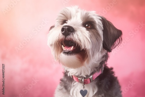Photography in the style of pensive portraiture of a happy lowchen dog wearing a training vest against a pastel or soft colors background. With generative AI technology