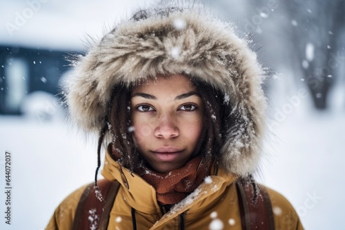 shot of a young woman covered in snow while standing outdoors