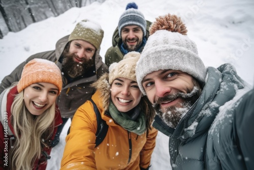 cropped shot of an unrecognizable group of friends posing for a selfie in the snow