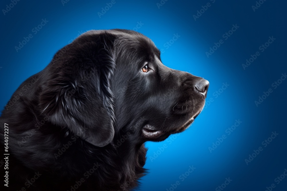 Photography in the style of pensive portraiture of a happy newfoundland dog wearing a shark fin against a royal blue background. With generative AI technology Photography in the style of pensive portraiture of a happy newfoundland dog wearing a shark fin against a royal blue background. With generative AI technology